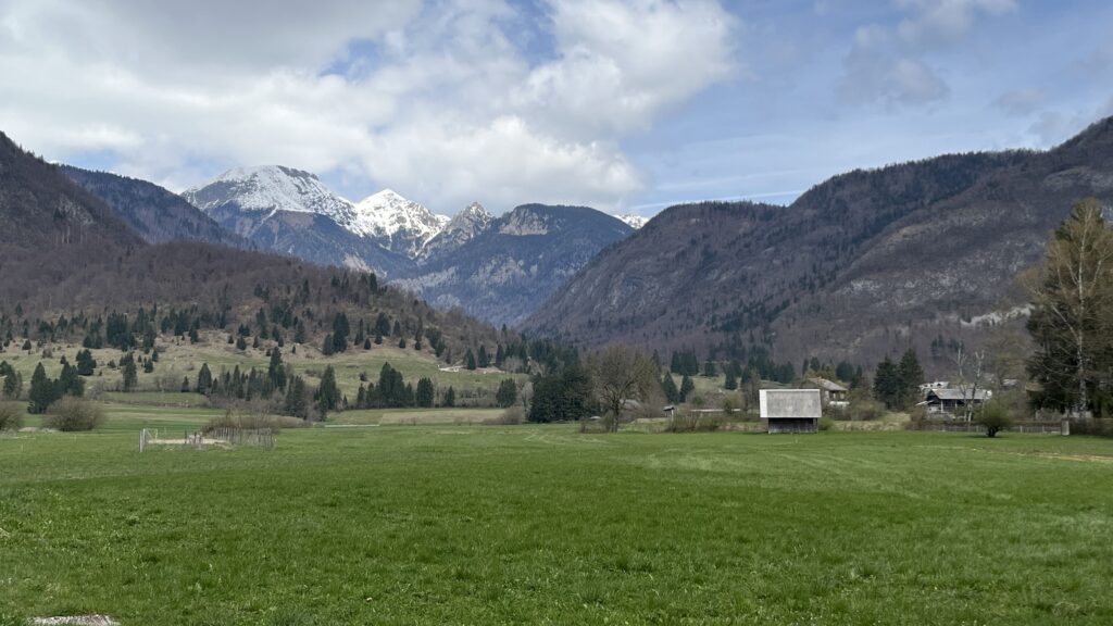 Vue sur les montagnes et les prés sur le chemin menant au lac de Bohinj