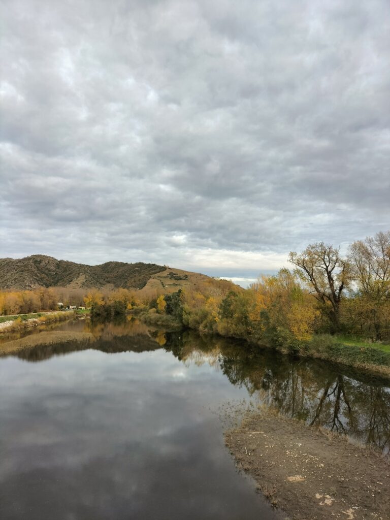 Le Rhône, bordé par des arbres aux couleurs d'automne.